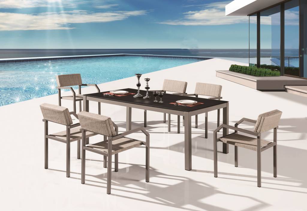 Barite Modern Outdoor Dining Set For 6 with Armed Chairs - Icon Outdoor